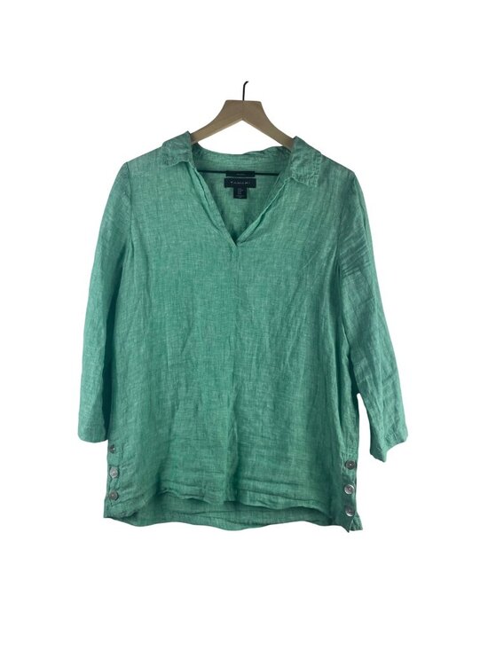 Tahari Tops - Tahari 100% Linen 3/4 Sleeve Tunic Top With Side Buttons Size Medium Teal Green